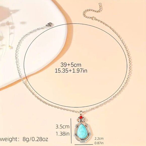 Turquoise Necklace & Earring 3pc Set Silver Glam Trendy Y2K Hipi Boho Minimalist - Picture 5 of 5